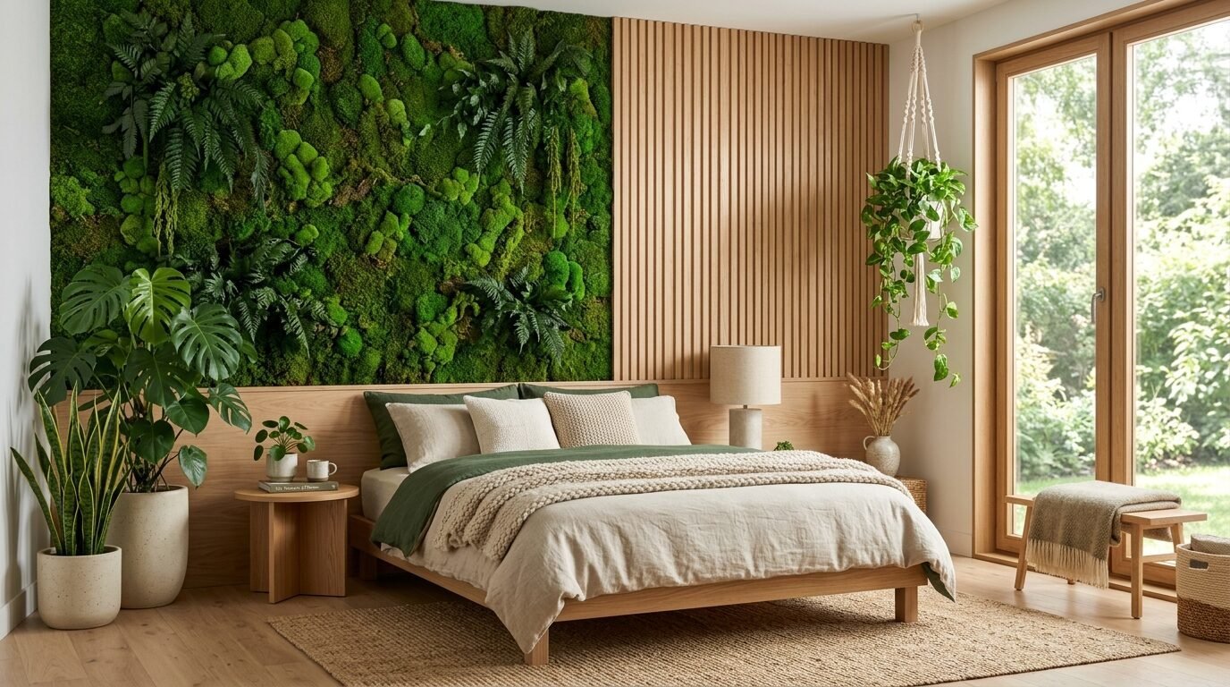 A bedroom with a vibrant vertical moss garden wall behind a bed with natural wooden slats and indoor plants.
