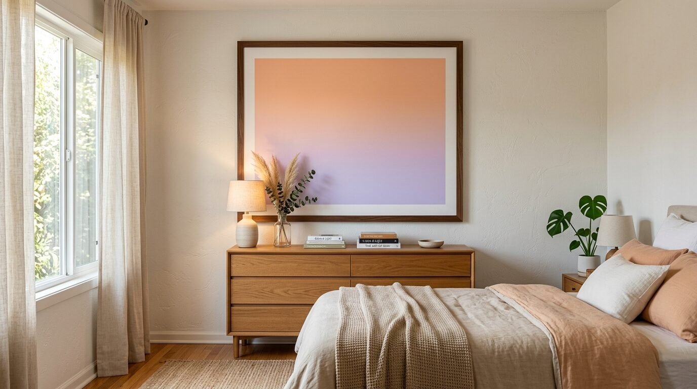 A wooden dresser topped with a lamp and dried flowers sits under a large rectangular ombre print in a bedroom.