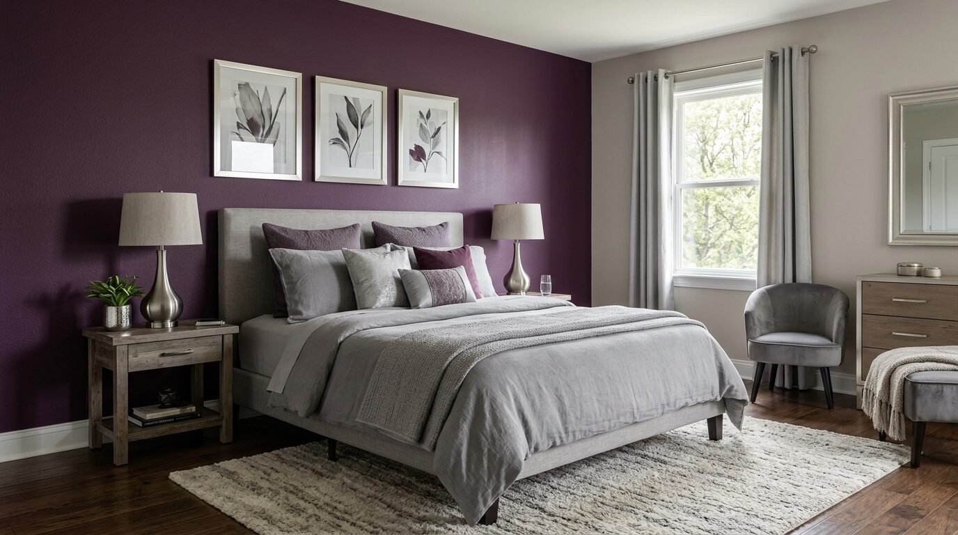 Modern grey bed with textured bedding centered against a dark plum wall with framed botanical art.
