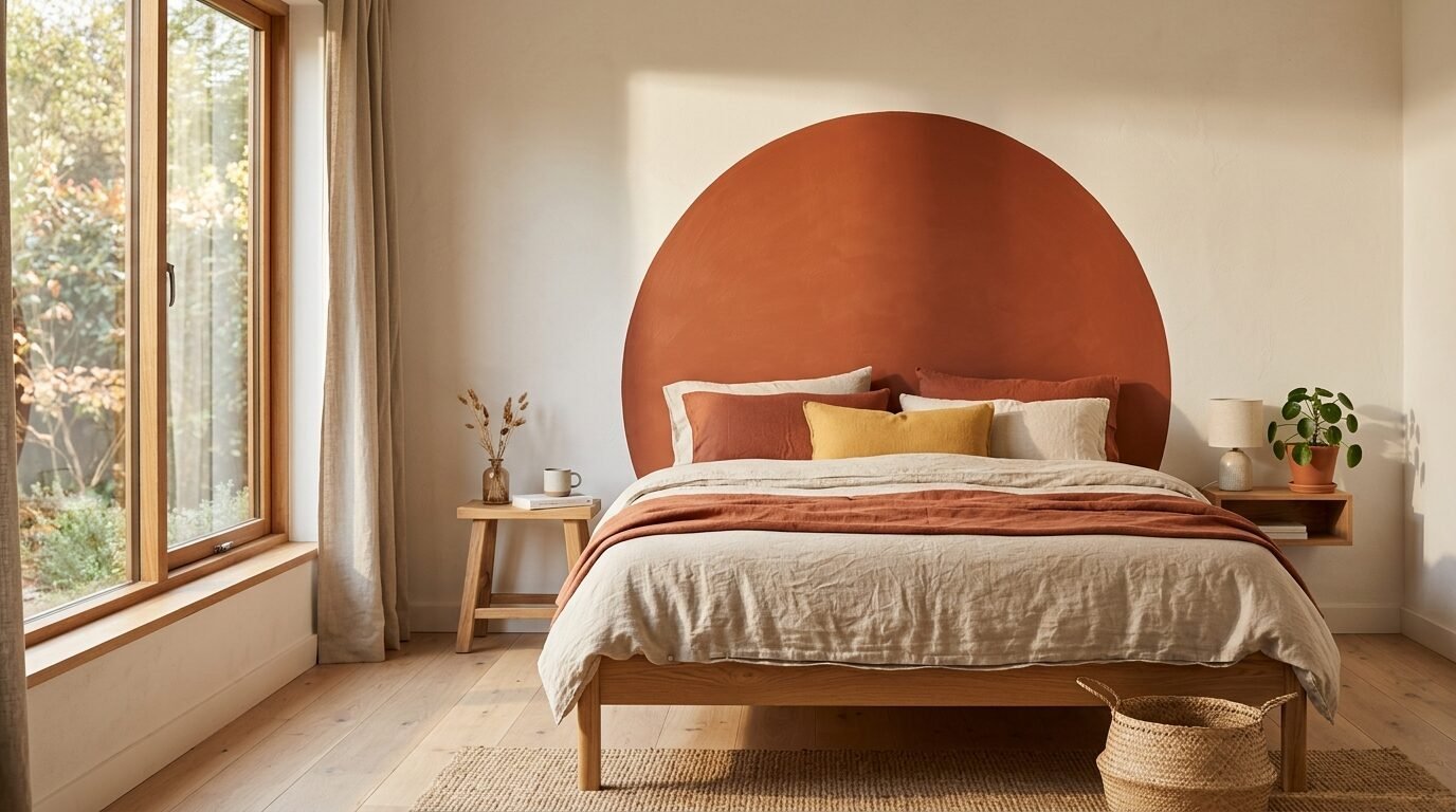 A beige linen bed frame positioned against a wall with a large, painted rust-colored circle behind the pillows.