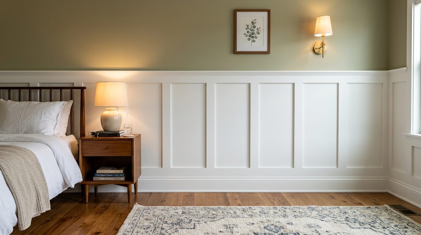 Bedroom interior with white paneled wainscoting, a wooden nightstand, and soft lighting.