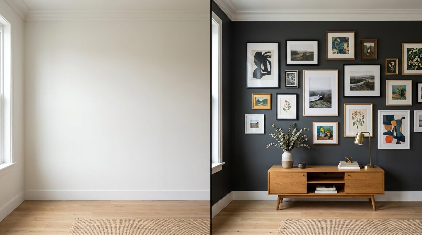 Comparison showing a blank white wall next to a charcoal wall with a gallery display and a wooden media console.