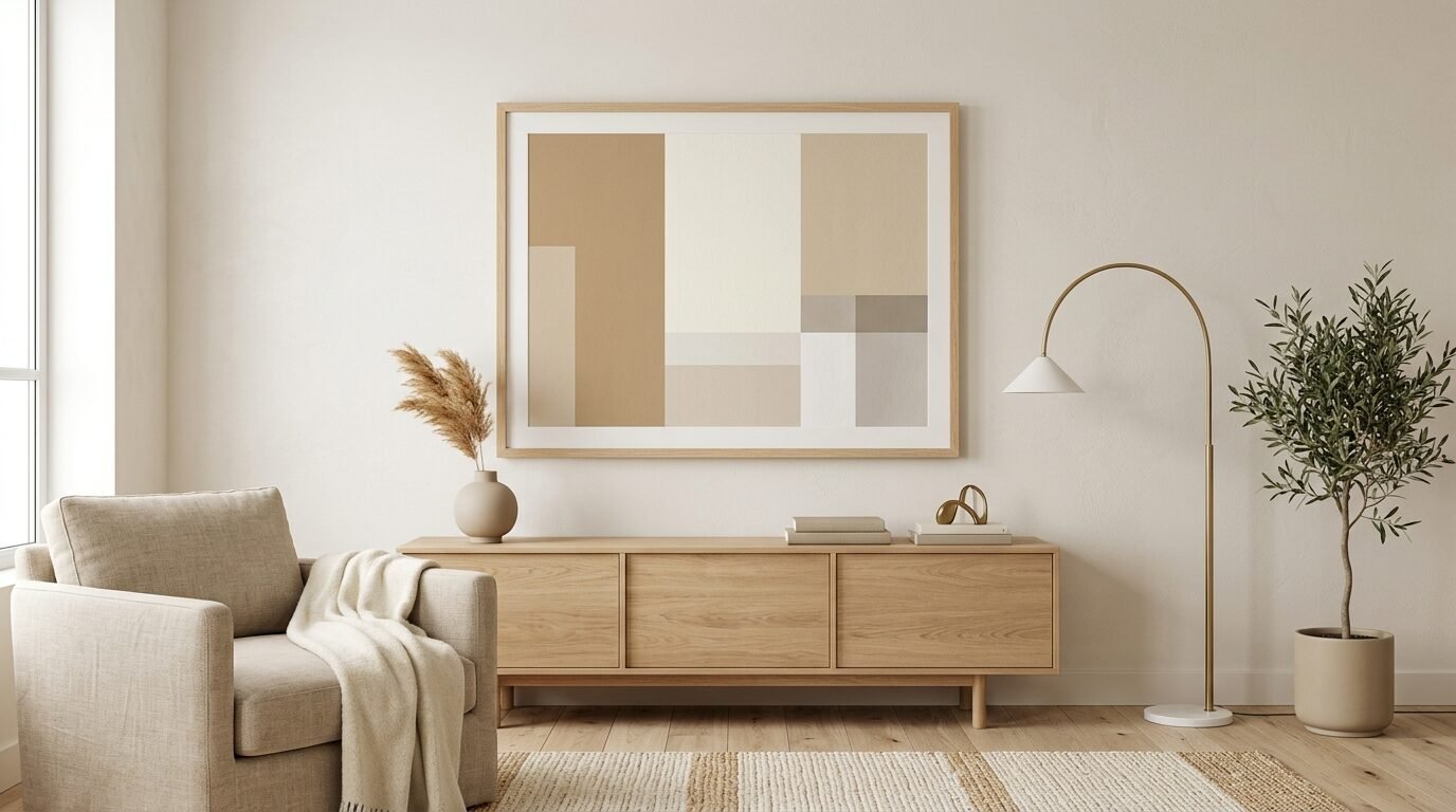 Modern living room with a neutral geometric painting, a beige armchair, and a tall gold arched floor lamp.