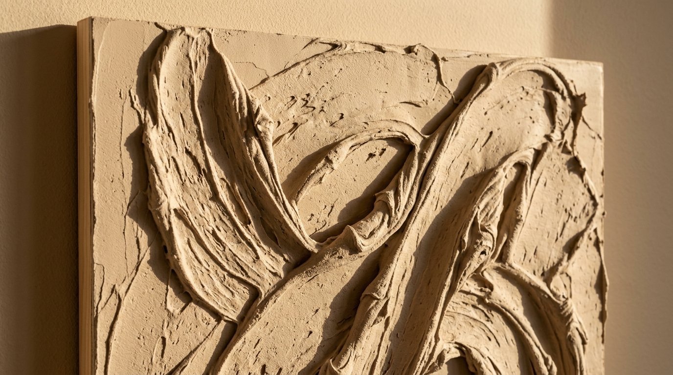 Close up of a square beige canvas featuring thick, raised plaster swirls cast in warm sunlight.