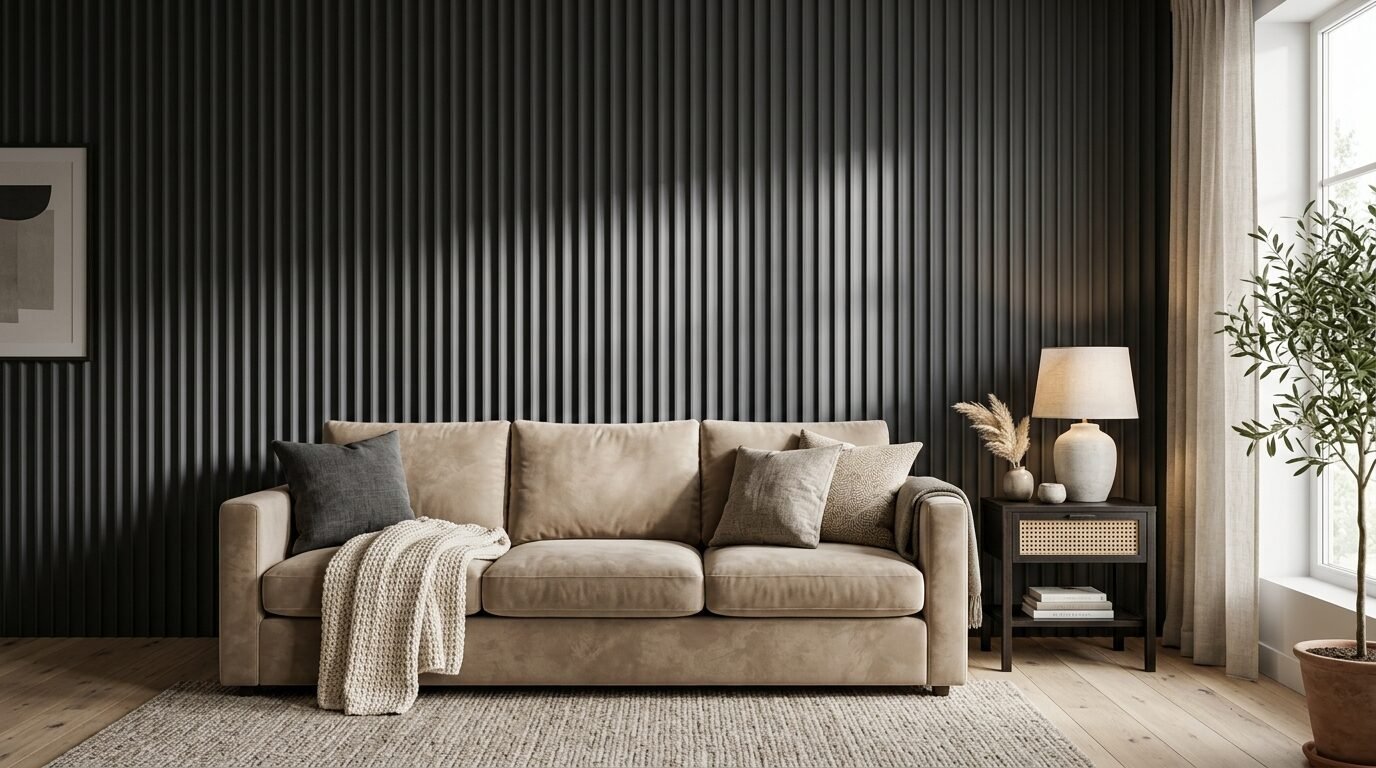 A soft beige couch with decorative pillows in front of a dark vertical wood slat wall.