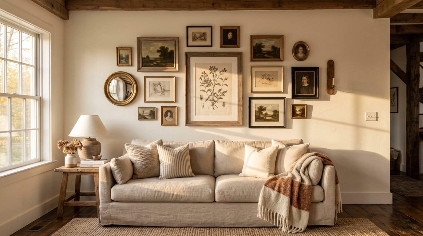 A beige linen sofa sits below a wall decorated with various vintage landscape paintings and portraits.