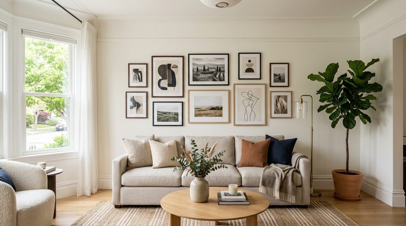 Neutral living room with a cream couch, varied wall art, and a large indoor fig tree next to a brass floor lamp.