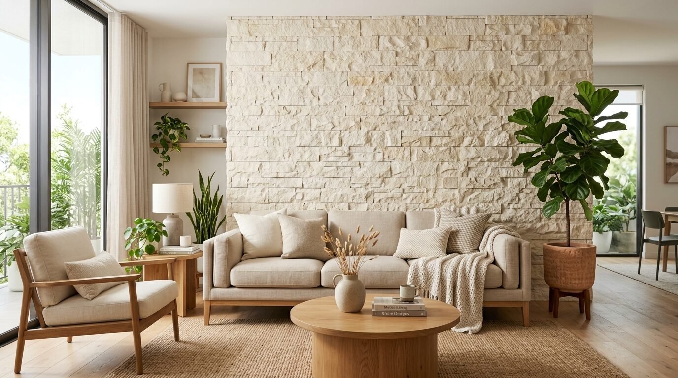 A beige couch sits in front of a textured light stone wall in a bright, modern living room with a houseplant.