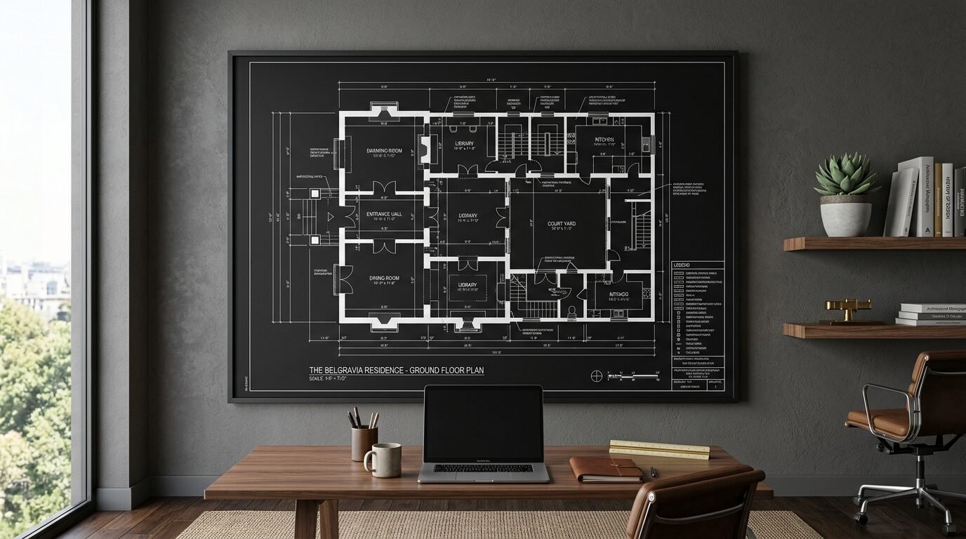 A large framed architectural floor plan on a dark grey wall above a modern wooden office desk.