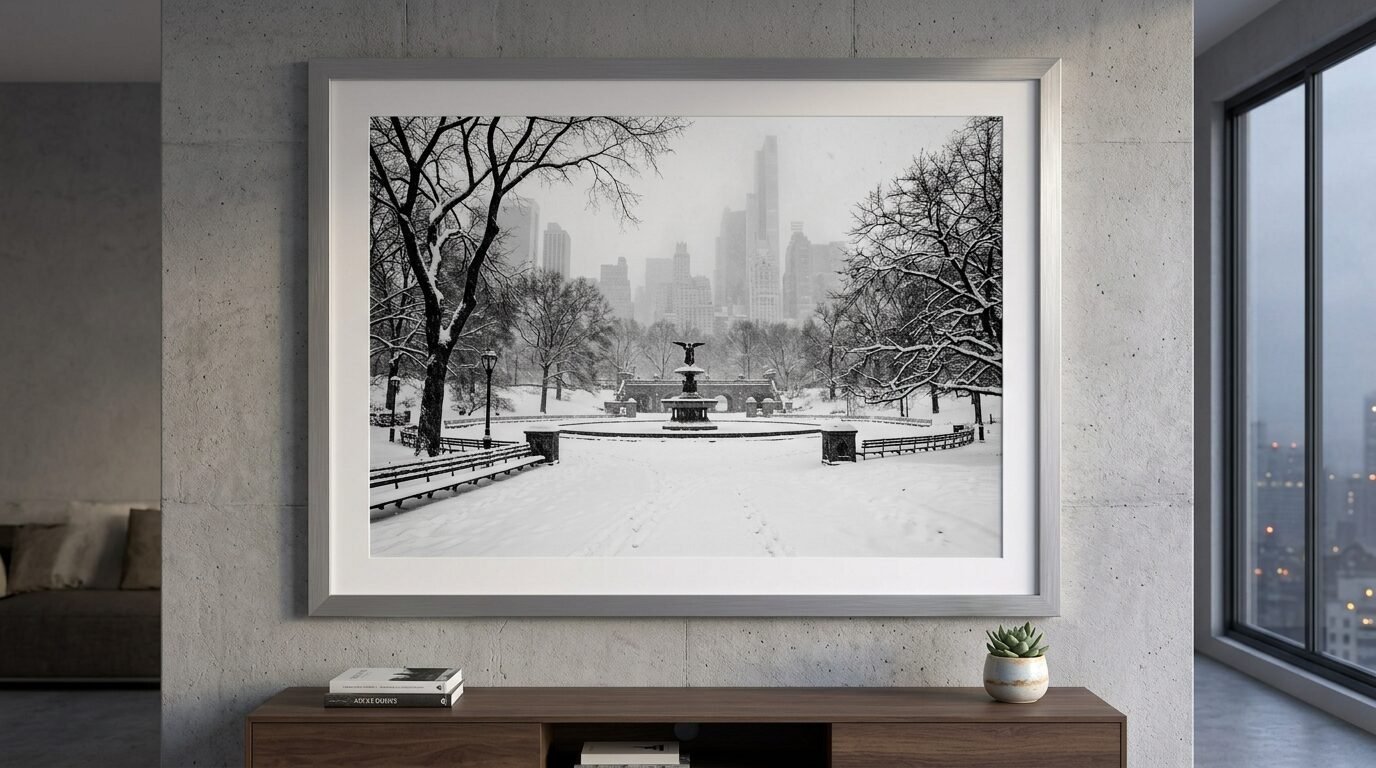 Black and white photo of a snow-covered Central Park fountain with distant New York City skyscrapers in the background.