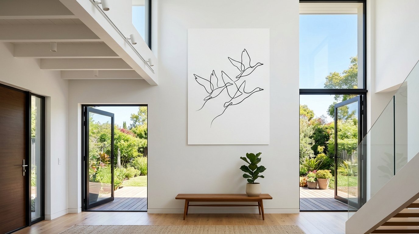 A continuous line drawing of three flying birds hangs in a bright, modern entryway with a wooden bench.