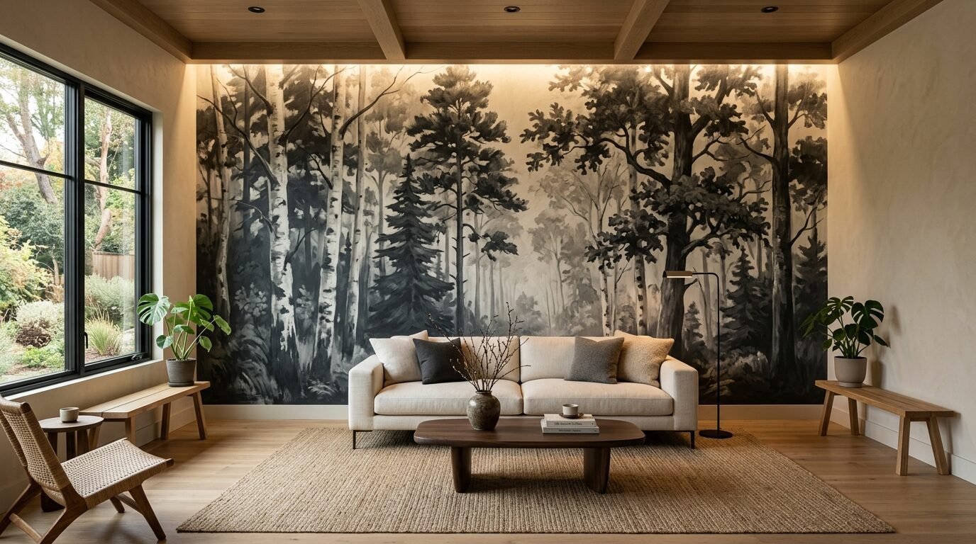 A beige couch placed against a moody, monochrome forest mural with wooden furniture and indoor plants.