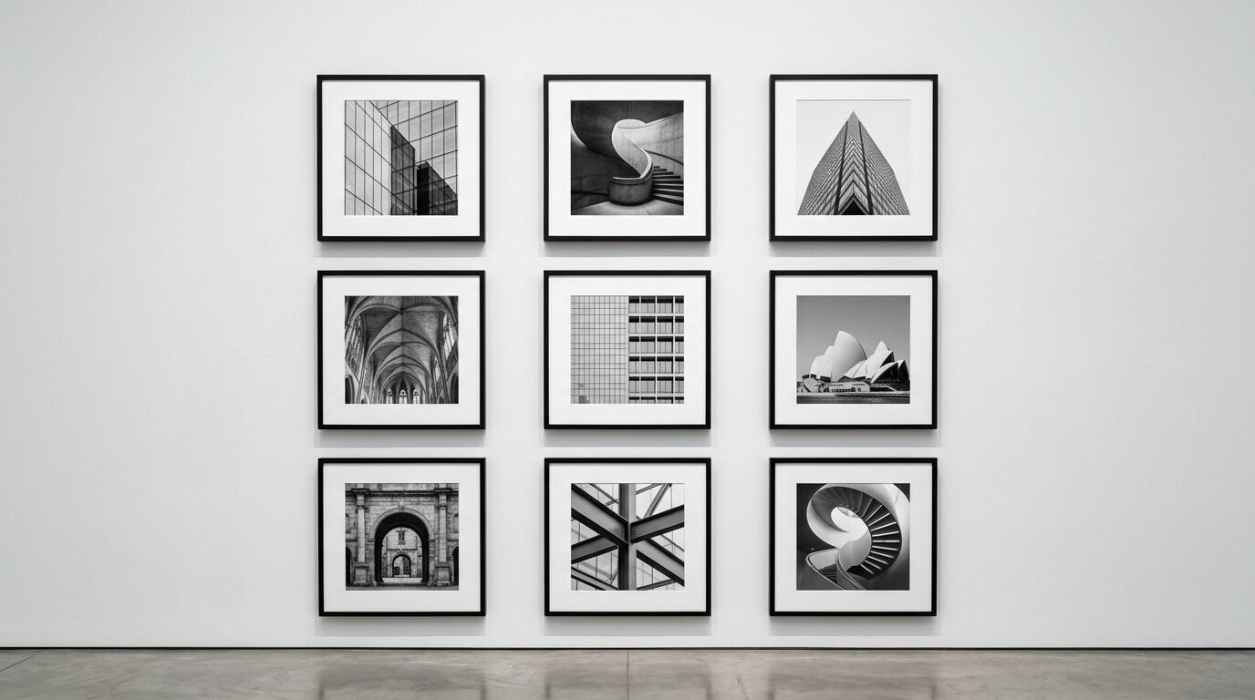 Nine framed black and white photos of buildings and staircases arranged in a perfect square on a clean wall.