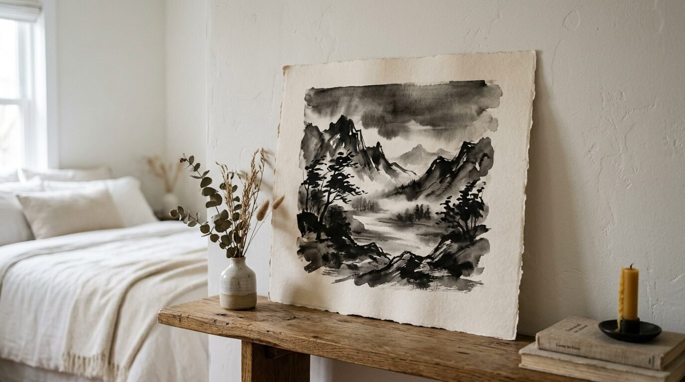 A black and white ink landscape painting displayed on a wood bench next to a ceramic vase and beeswax candle.
