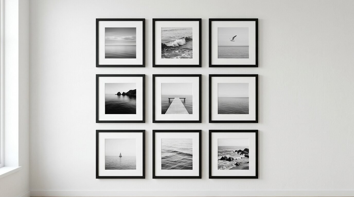 Nine framed square photographs of ocean scenes arranged in a three by three grid pattern.