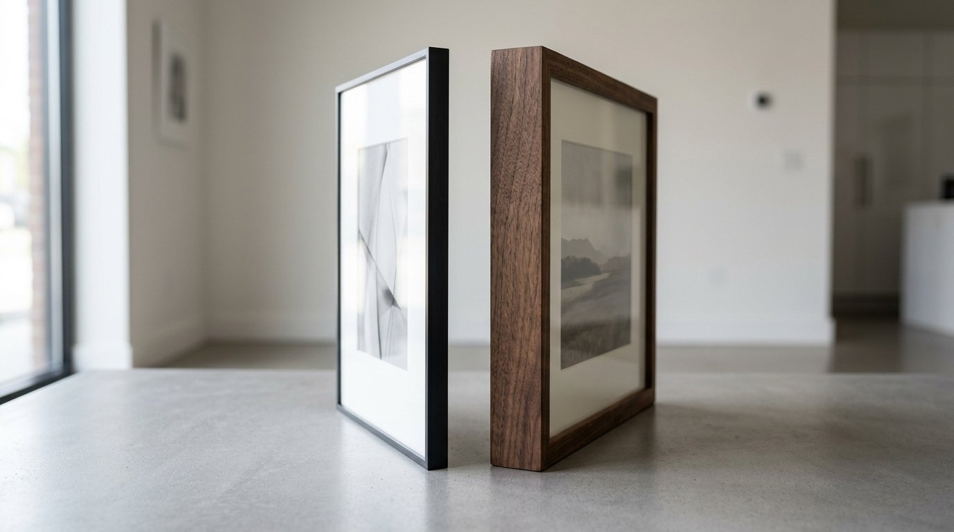 One black metal frame and one thick walnut wood frame standing vertically on a concrete tabletop.