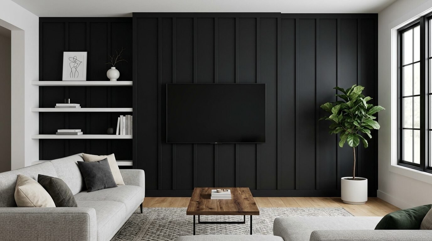 A minimalist living room with a black paneled wall, flat screen television, light grey sofa, and indoor plant.