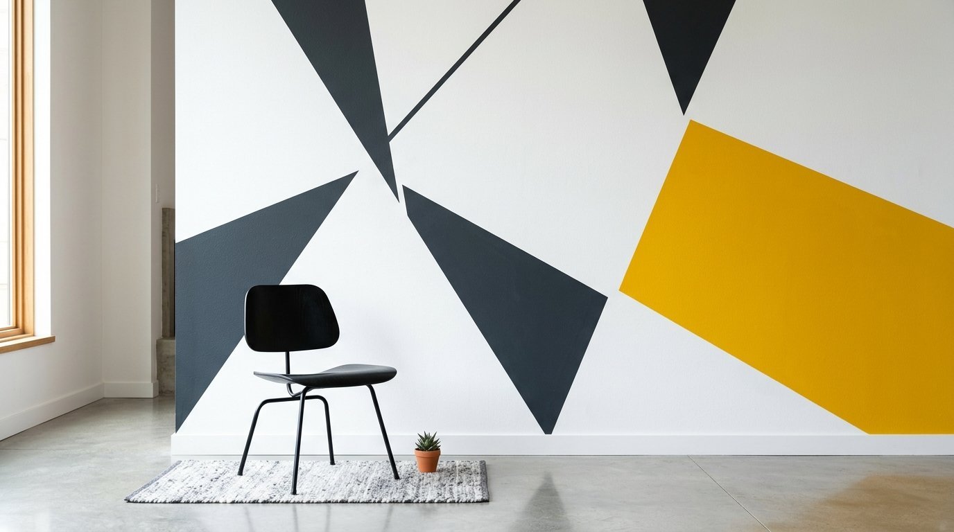 A sleek black chair sits on a grey rug in front of a white wall with bold black and yellow geometric triangles.