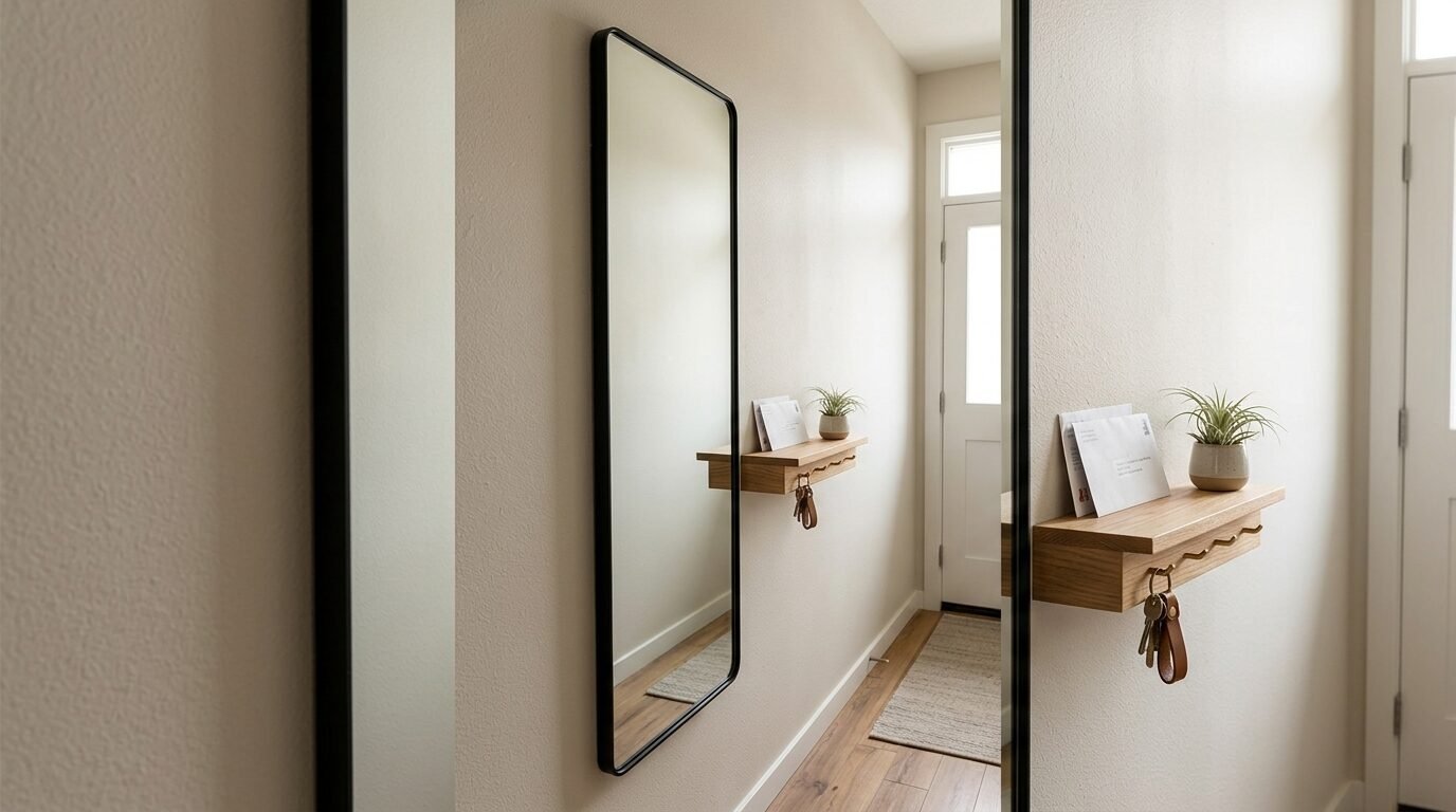 Modern hallway with a vertical black-framed mirror and a small floating wood shelf holding mail and a potted plant.