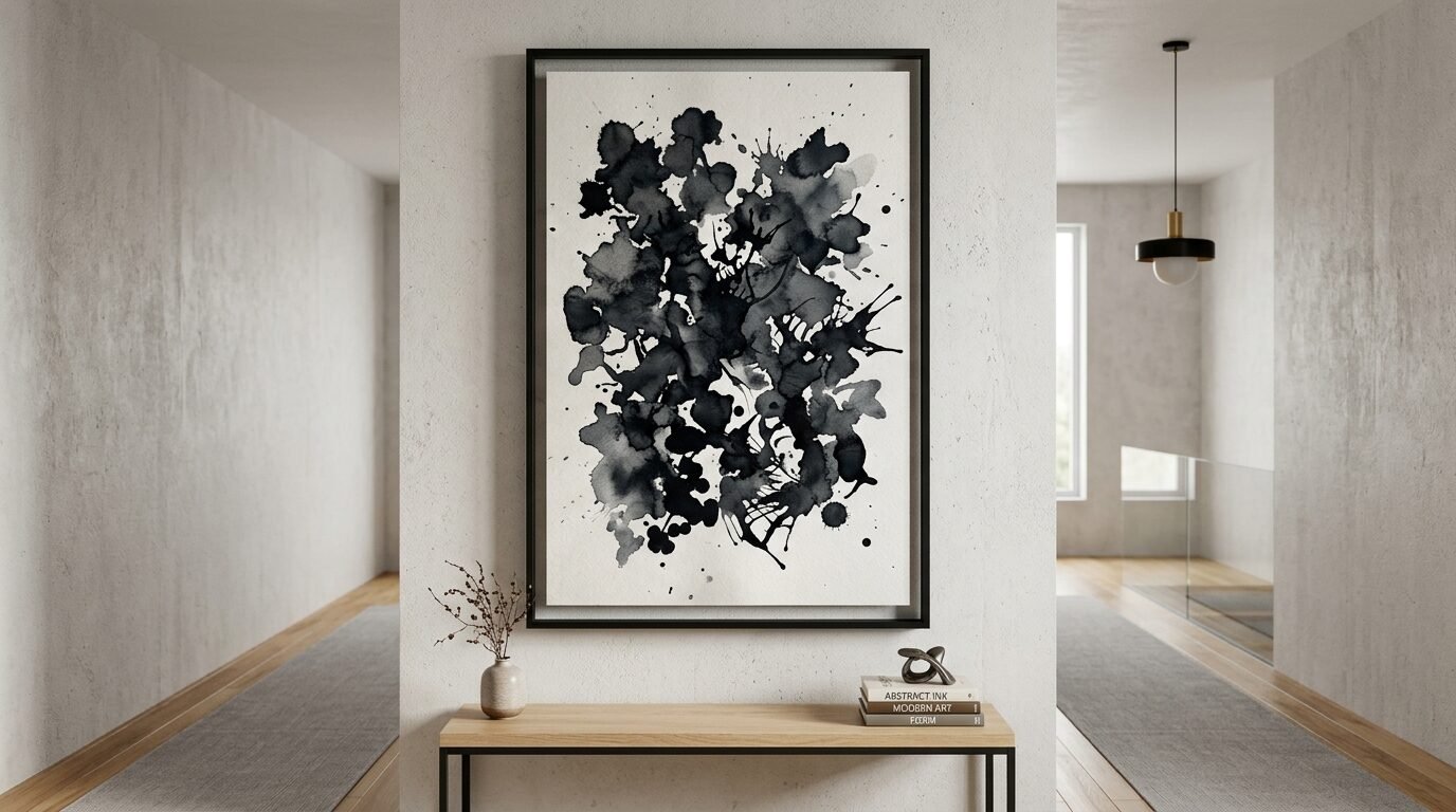 Framed ink blot artwork hanging above a console table in a bright, modern interior hallway.