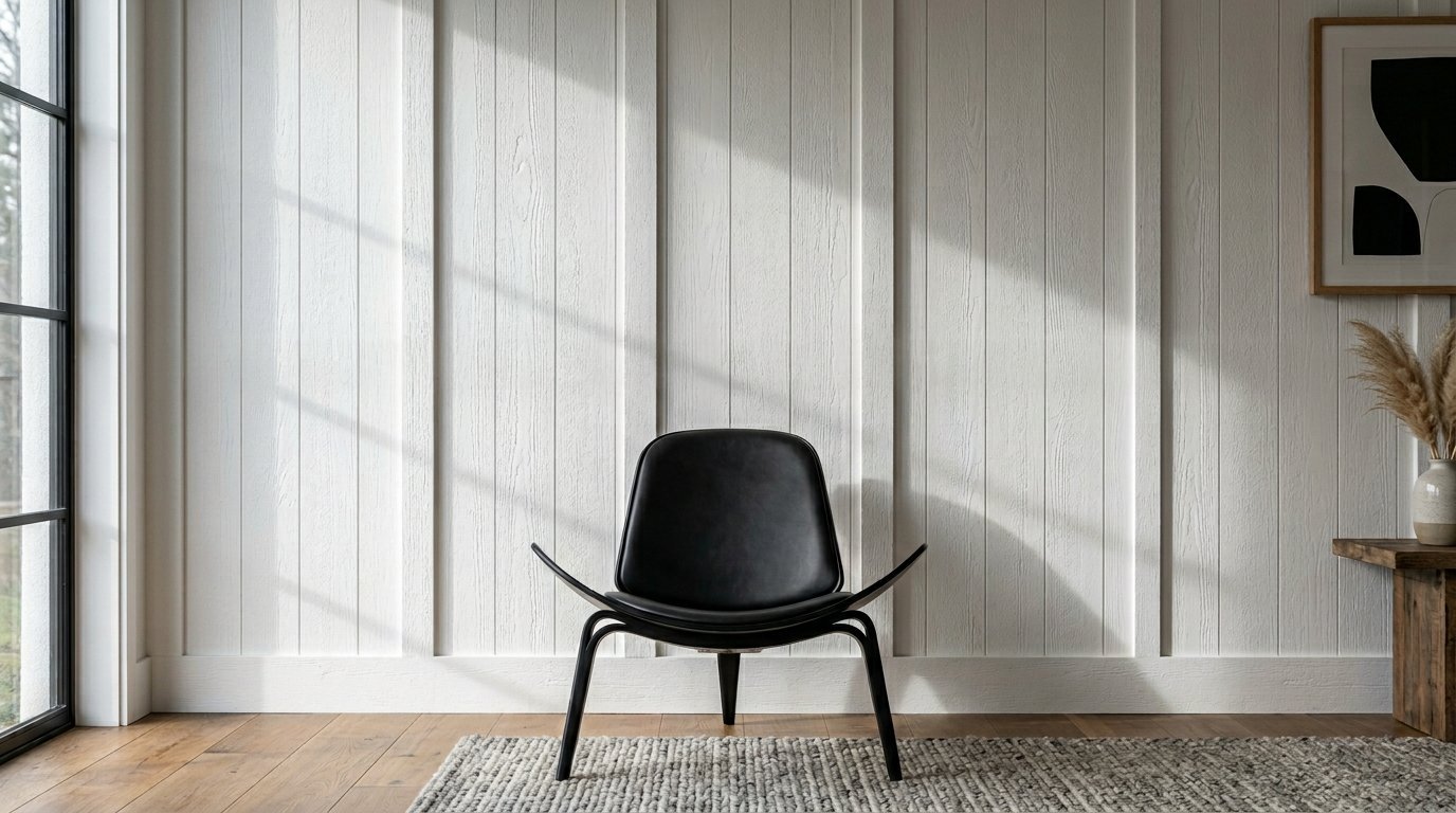 A modern black curved chair sits on a grey rug in front of white vertical board and batten wall paneling.