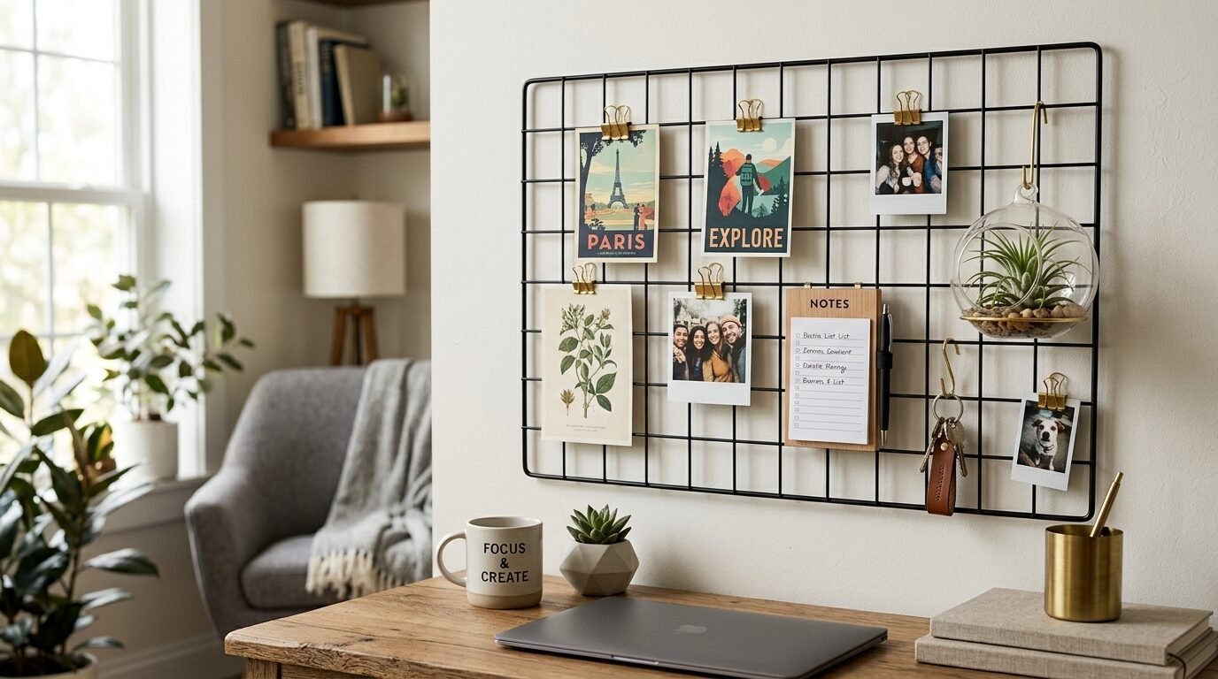 Wall-mounted black metal grid organizer holding polaroid photos, a notes pad, and a hanging air plant in a glass orb.