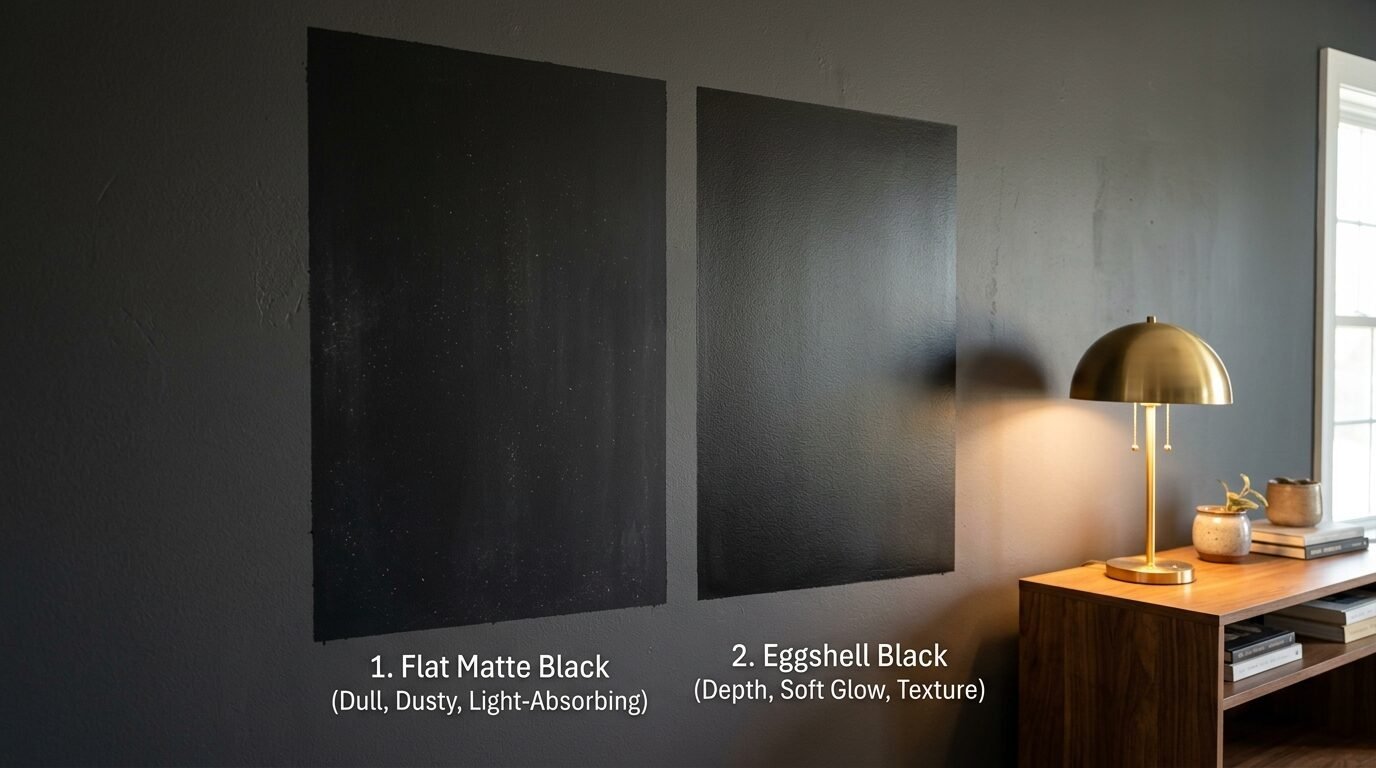 Two black paint samples on a dark wall, one in flat matte and one in eggshell, next to a lit brass lamp.