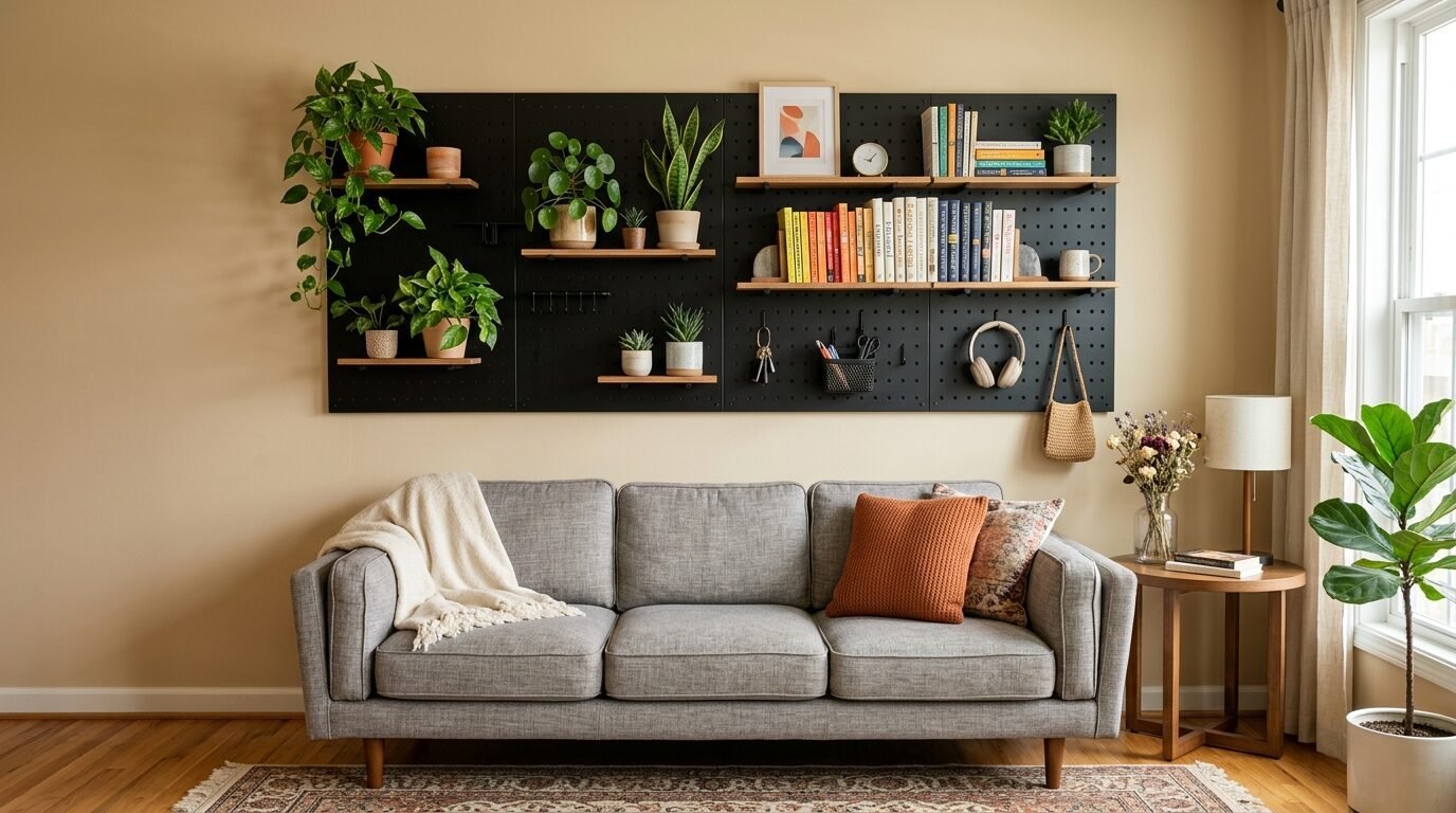 A grey living room sofa sits below a wall-mounted black pegboard filled with potted plants and colorful books.