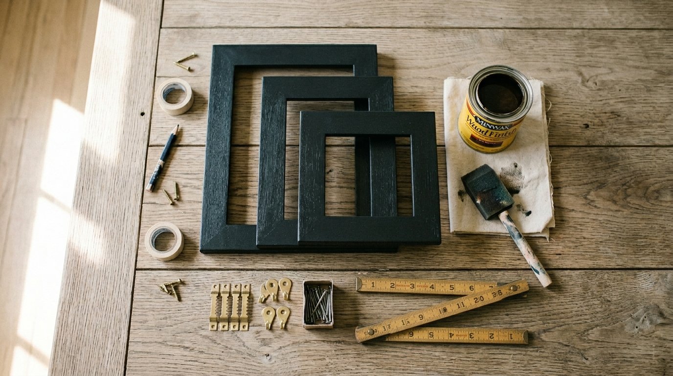 Top-down view of black frames, wood stain, brass hardware, and a folding ruler on a rustic wooden table.