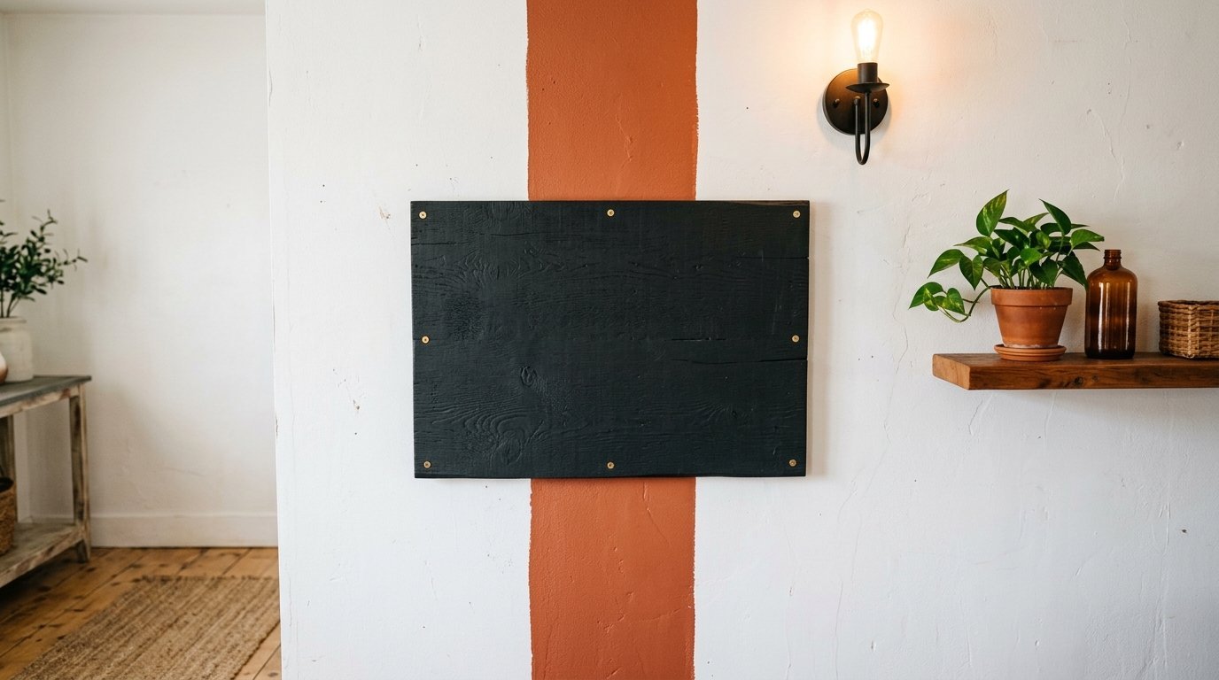 A dark wooden sign fixed over a vertical rust-colored stripe on a white interior wall near a floating wood shelf.