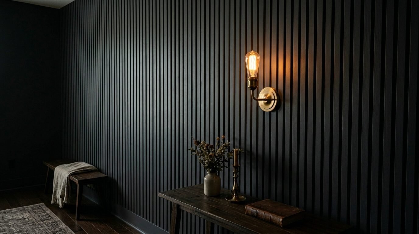A brass wall light glows against a dark charcoal vertical wood paneled wall above a rustic console table.