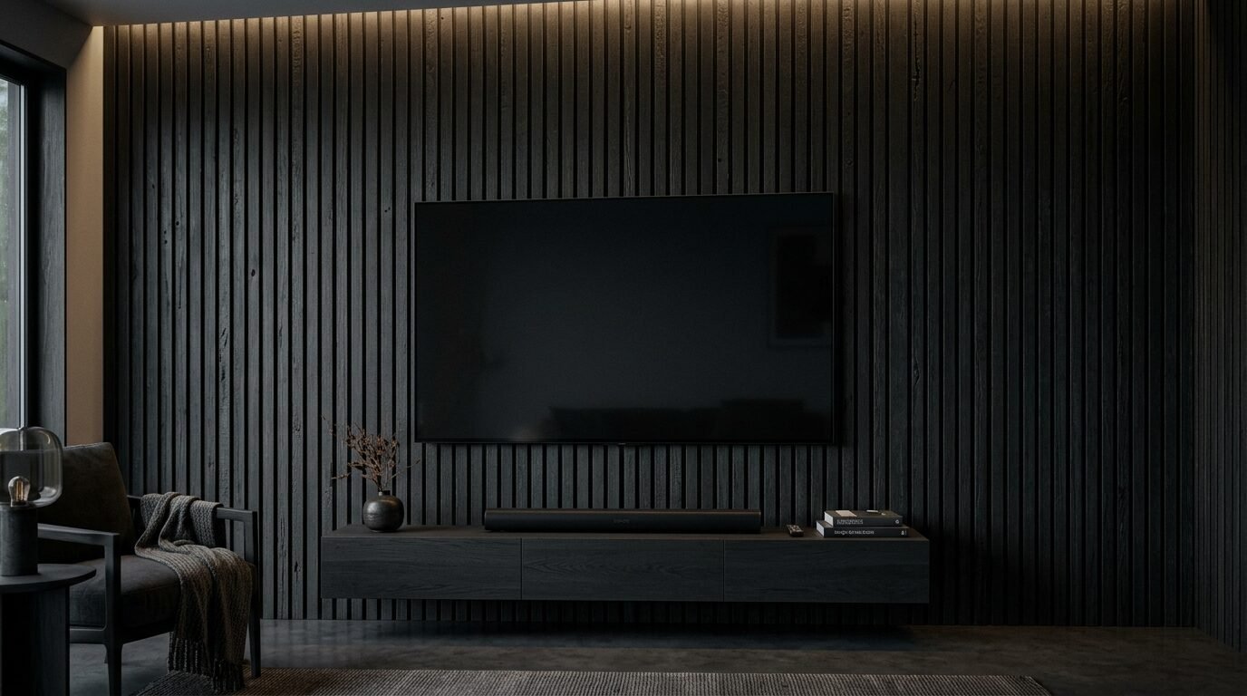 Modern living room with a wall-mounted TV, floating console, and black timber slats with hidden accent lighting.