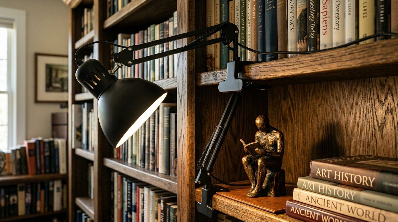 A black task lamp clamped to a wooden bookcase shelf next to a small sculpture of a person reading a book.