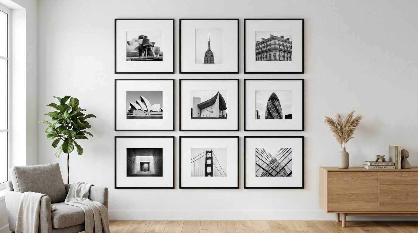Gallery wall featuring nine framed photos of global landmarks above a wooden credenza and grey armchair.