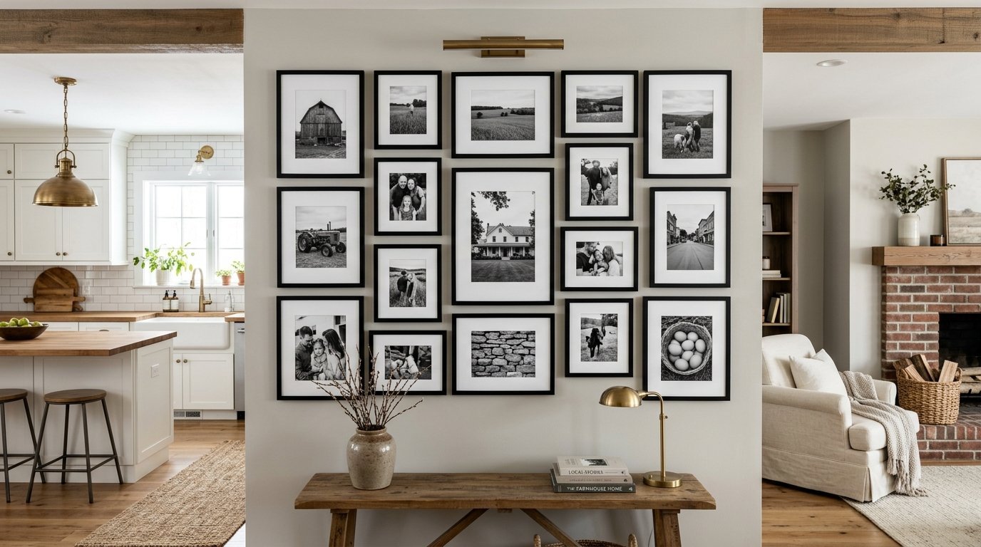 A gallery wall with sixteen monochrome framed photos above a rustic wooden console table in a bright home interior.