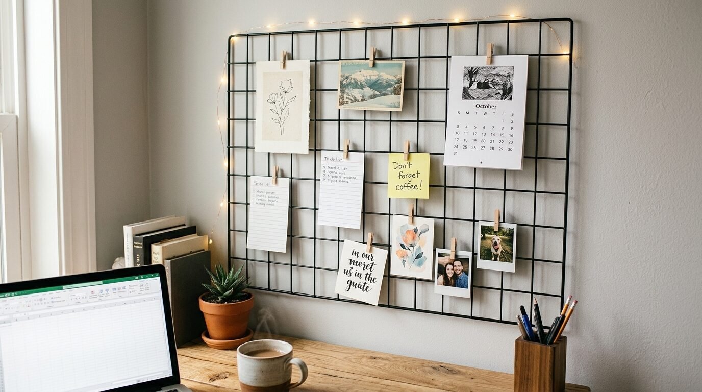 Black wire mesh wall panel holding note cards, an October calendar, photos, and string lights above a wooden desk.