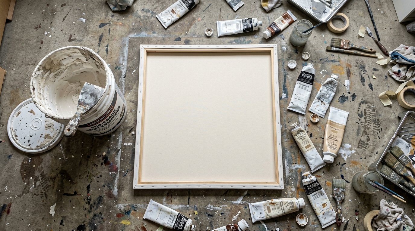 Top-down view of a blank stretched canvas on a messy studio floor with paint tubes, brushes, and joint compound.
