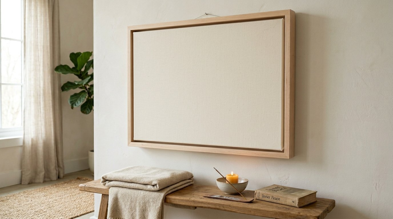 Empty canvas in a wooden floater frame hanging above a wooden bench with a blanket and a candle.