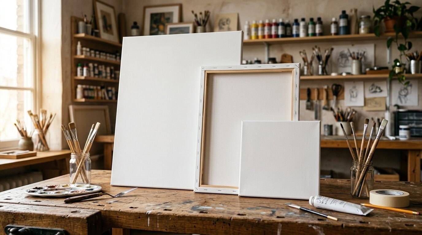 Group of three empty white artist canvases displayed on a weathered workshop table surrounded by paintbrushes.