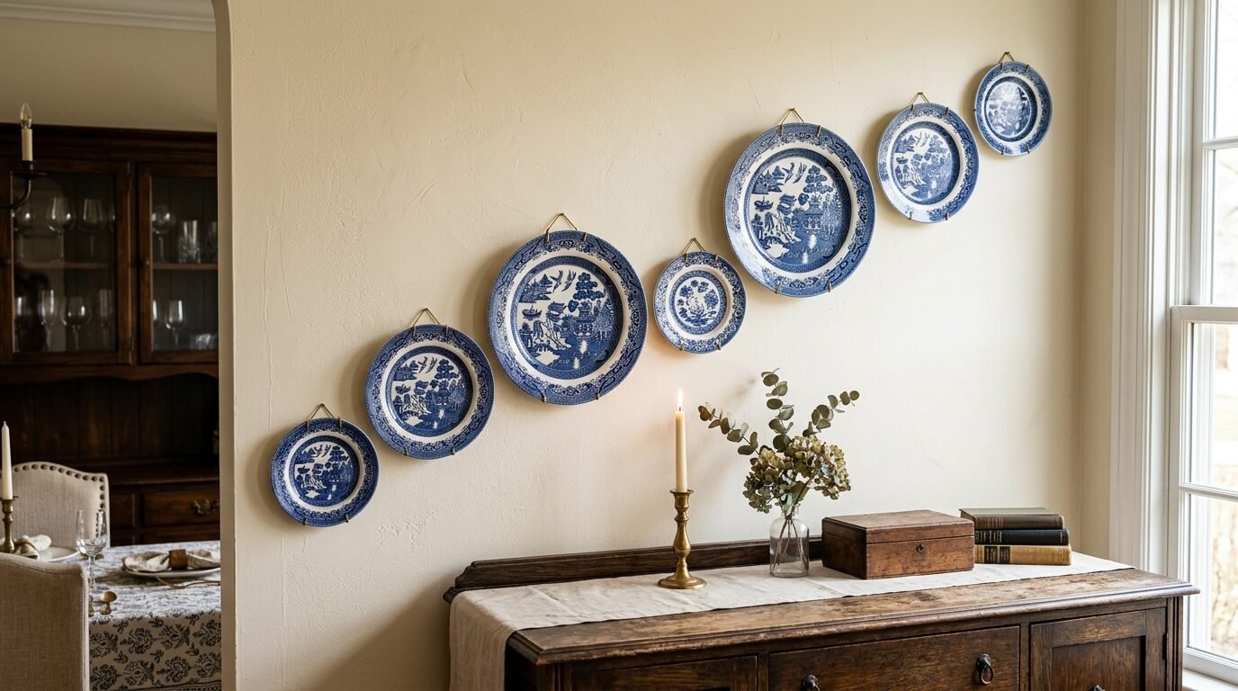 Collection of blue and white willow pattern plates displayed on a beige dining room wall above a wooden buffet.