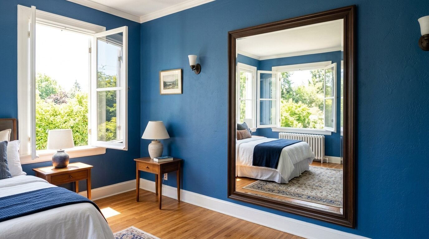 Spacious bedroom with blue walls and a full-length mirror reflecting the bed and window.