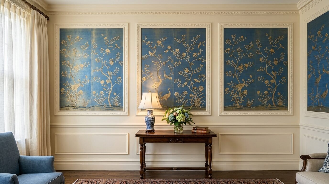 A dark wood entryway table holding a blue porcelain lamp and flowers against blue chinoiserie wall panels.