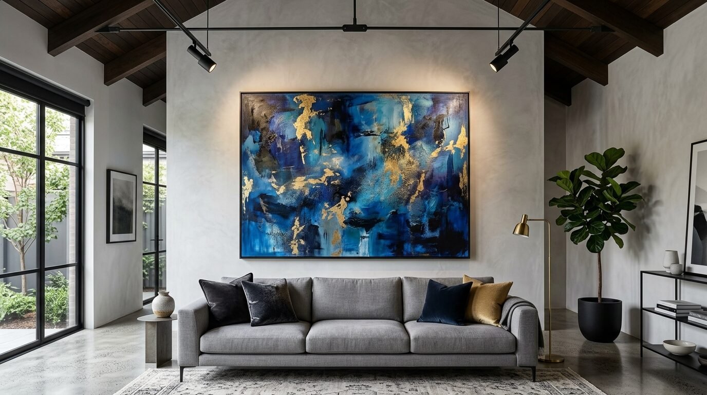 Contemporary living room featuring a massive blue and gold abstract canvas mounted over a grey fabric sofa.