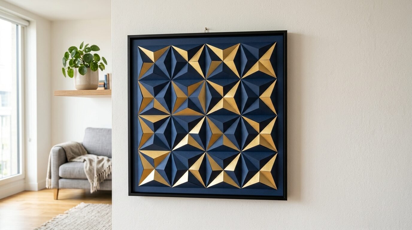 A square wall sculpture with a 3D blue and gold geometric star pattern hanging on a white wall.