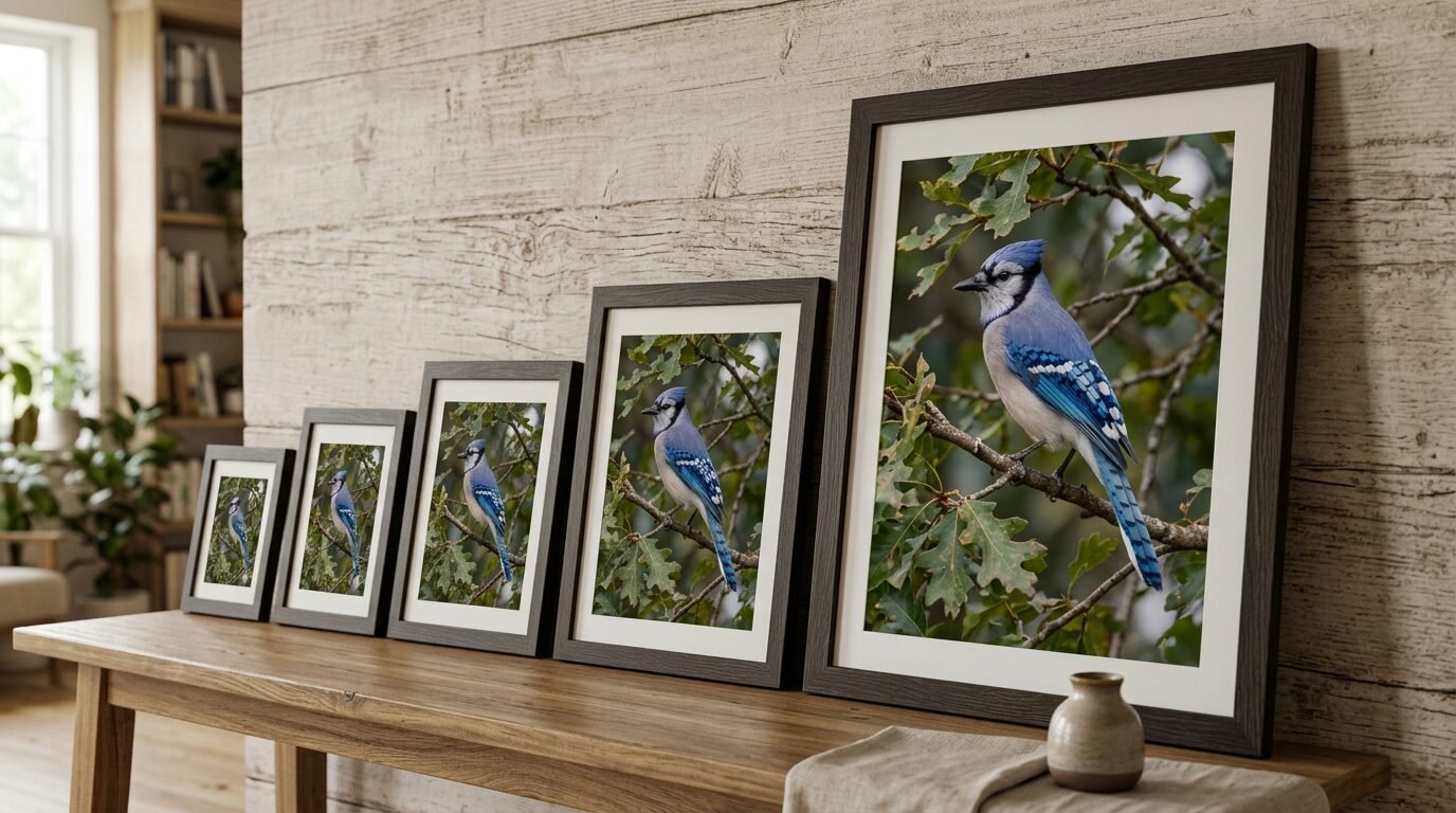 A series of five dark-framed prints of a blue jay on a branch lined up from smallest to largest on a wooden table.