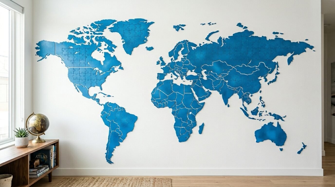 Bright blue jigsaw world map mounted on a white interior wall above a wooden media console.