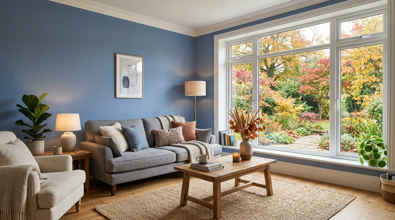 A blue-walled living room featuring a grey sofa, wooden coffee table, and large window overlooking fall foliage.