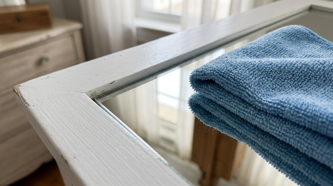 A soft blue microfiber rag sits folded on the glass surface of a vintage wooden furniture piece.