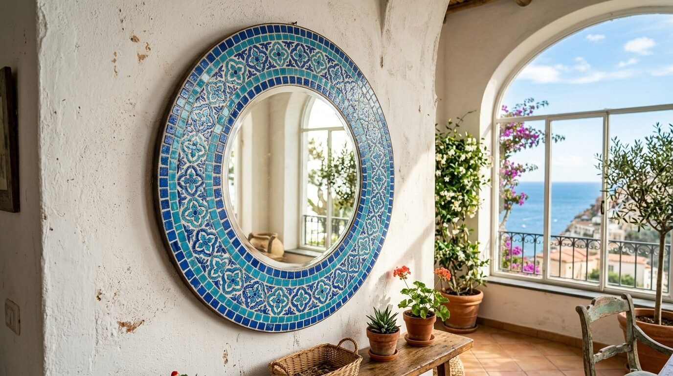 A round mirror with a blue and white decorative tile frame hanging on a rustic white wall near a sunny balcony.
