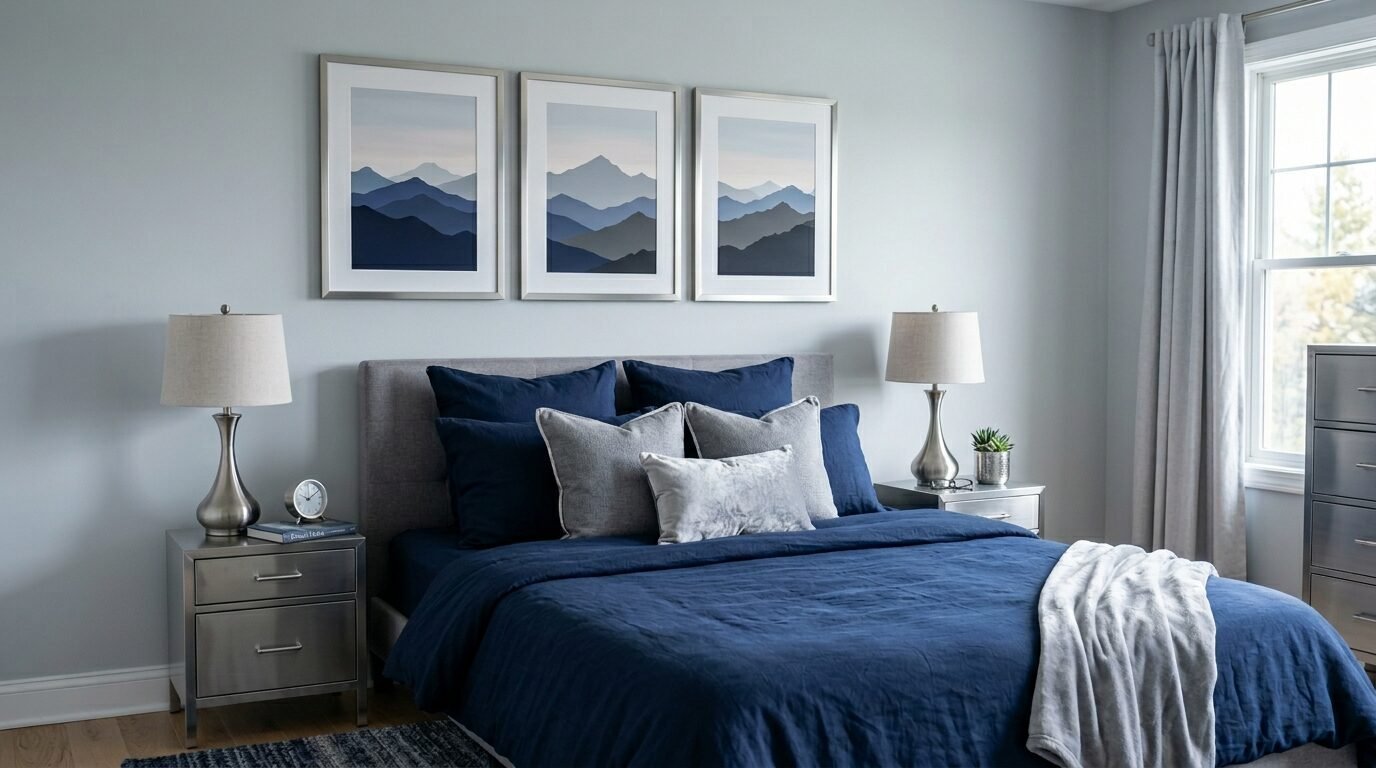 Modern bedroom with three framed blue mountain landscapes above a grey upholstered bed and dark blue linens.